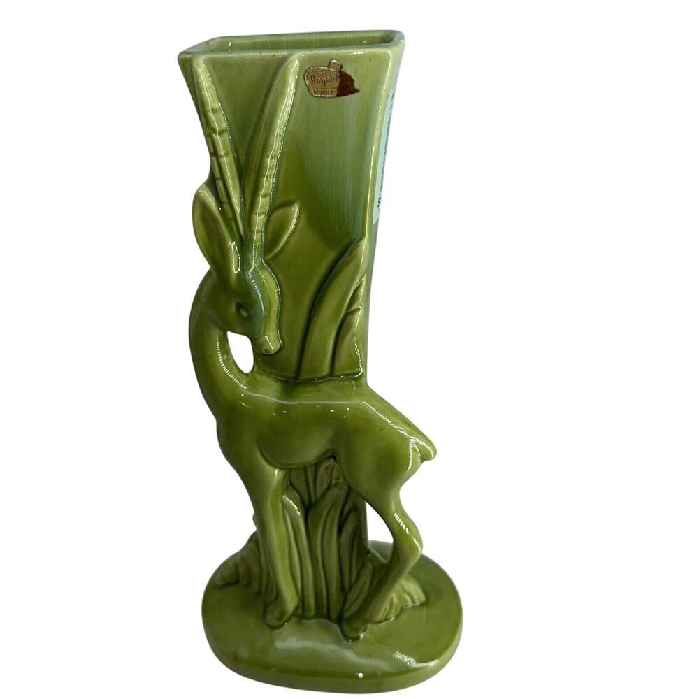 Royal Haegar Gazelle Vase 15" Green Stickered Boho Chic Vintage Deer Countryside